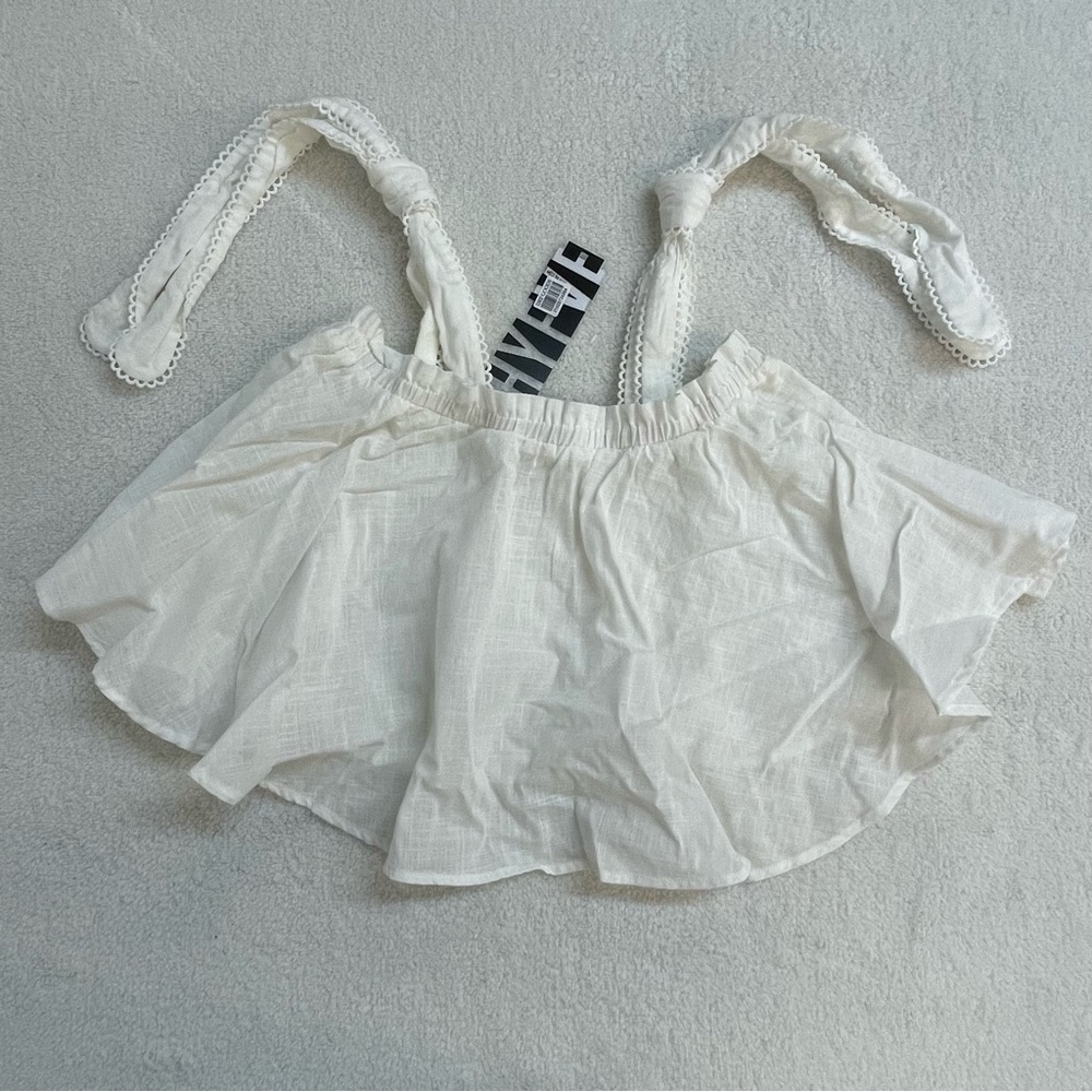 Hype Off White Sleeveless Top with Lace Details Tie Flowy Linen Crop Size Large